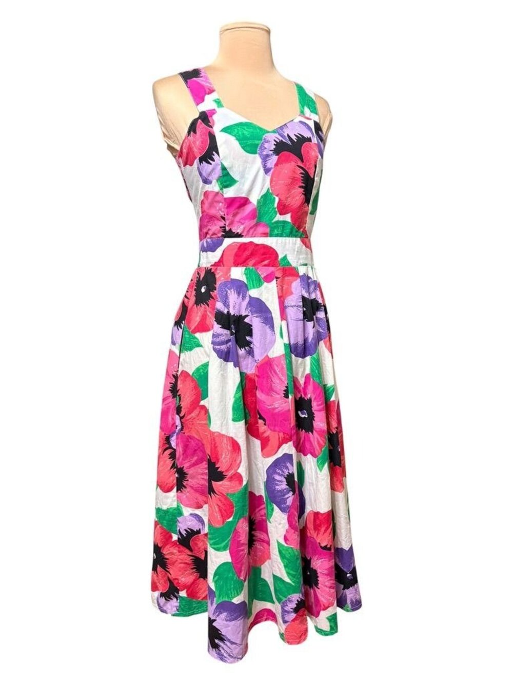 Vintage Floral Midi Dress S Open Back Bow A Line Pansy Party Feminine EUC 80s